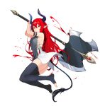  1girl absurdres axe bangs battle_axe blood breasts closed_mouth dress hair_between_eyes hands_up highres holding holding_axe holding_weapon horns jumping long_hair medium_breasts midair original red_eyes red_hair ryou_(ponpgo) simple_background solo tail thighhighs toeless_legwear weapon white_background 