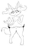  1girl animal_ear_fluff animal_ears box_(hajimeyou654) braixen closed_mouth digitigrade fox_ears fox_tail full_body furry furry_female hands_up highres lineart looking_at_viewer monochrome pokemon simple_background slit_pupils smile solo standing stick tail thick_thighs thighs w_arms white_background white_eyes wide_hips 