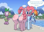  2022 anthro big_butt blue_body blue_eyes blush bodily_fluids bulge butt clothing dialogue dragon english_text equid equine erection female feral friendship_is_magic group hair hasbro horse male mammal motion_lines my_little_pony parumpi pegasus pink_body pink_hair pinkie_pie_(mlp) pony poolside rainbow_dash_(mlp) speech_bubble spike_(mlp) standing sweat swimming_trunks swimwear text wide_hips wings 