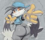  anthro big_butt butt clothing domestic_cat felid feline felis fur gloves grey_body grey_fur grey_tail handwear hat headgear headwear hi_res klonoa klonoa_(series) male mammal orange_eyes smile solo sqoon video_games white_body white_fur 