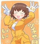  1girl :d arms_up artist_logo bangs brown_hair closed_eyes commentary dated eyebrows_visible_through_hair facing_viewer floral_background freckles girls_und_panzer gloves jumpsuit long_sleeves mechanic open_mouth orange_background orange_jumpsuit outline shirt short_hair smile solo standing translated tsuchiya_(girls_und_panzer) uniform v white_gloves white_outline white_shirt yb_norio 