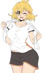  1girl ;d alternate_costume astragalus black_shorts blonde_hair blush breasts groin hair_between_eyes highres medium_breasts midriff one_eye_closed senki_zesshou_symphogear shirt short_hair shorts smile solo tachibana_hibiki_(symphogear) towel towel_around_neck white_background white_shirt yellow_eyes 