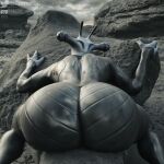  1:1 2022 3d_(artwork) alien alien_humanoid big_butt bodysuit butt butt_focus clothed clothing deepspacebug detailed_background digital_media_(artwork) epic_games fortnite hi_res hiding huge_butt humanoid kymera_(fortnite) male not_furry rock skinsuit solo tight_clothing video_games watermark 