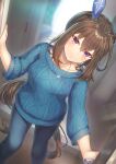  1girl :| admire_vega_(umamusume) animal_ears backlighting bangs blue_sweater blurry blurry_background blush bow brown_hair closed_mouth collarbone denim dutch_angle ear_covers eyebrows_visible_through_hair hair_between_eyes hair_bow highres horse_ears horse_girl horse_tail indoors jeans jewelry kawahara_minamo long_hair looking_at_viewer low_ponytail necklace open_door pants ponytail purple_eyes sidelocks single_ear_cover solo standing sweater tail umamusume white_bow 