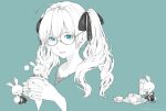  1girl bangs bouno_satoshi copyright copyright_name creature cup eyebrows_visible_through_hair face glasses green_background green_eyes greyscale hair_ribbon hatsune_miku highres holding holding_cup looking_at_viewer medium_hair monochrome parted_lips portrait ribbon round_eyewear simple_background solo spot_color teacup twintails vocaloid 
