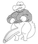  balls clothed clothing crocodilian genitals gus_(sailewder) hyper hyper_genitalia long_penis male monochrome partially_clothed penis reptile sailewder scalie simple_background solo 