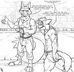  abs anthro biceps black_and_white bodily_fluids buckwulf_(artist) bulge canid canine canis clothed clothing disney duo erection erection_under_clothing fox hi_res line_art male mammal monochrome muscular muscular_male nick_wilde shirt sweat tank_top topless topwear wolf zootopia 