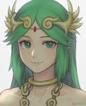  1girl bare_shoulders chain circlet commentary gofelem green_eyes green_hair grey_background kid_icarus looking_at_viewer palutena portrait simple_background smile solo twitter_username watermark 