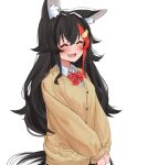  1girl :d ^_^ animal_ear_fluff animal_ears bangs black_hair blush bow bowtie brown_cardigan cardigan closed_eyes collared_shirt commentary_request daichi_(daichi_catcat) eyebrows_visible_through_hair hair_ornament hairclip highres hololive long_hair long_sleeves multicolored_hair ookami_mio red_bow red_bowtie red_hair school_uniform shirt simple_background smile solo streaked_hair striped striped_bow striped_bowtie tail v_arms virtual_youtuber white_background wolf_ears wolf_girl wolf_tail 