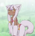  1girl animal_ears animal_hands blush bra breasts brown_eyes dark-skinned_female dark_skin furry furry_female grey_hair highres kionant long_hair looking_at_viewer low-tied_long_hair made_in_abyss multicolored_hair narehate original parted_lips pink_bra signature slit_pupils small_breasts solo streaked_hair tail underwear very_long_hair yellow_eyes 