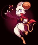  2022 absurd_res anthro black_background female fur gradient_background hi_res jamoart mammal mina_(mina_the_hollower) mina_the_hollower mouse murid murine open_mouth purple_background rodent signature simple_background solo spikes weapon whip white_body white_fur yacht_club_games 