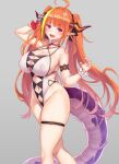  1girl :d bare_shoulders blush bow breasts choker cleavage covered_nipples eyebrows_visible_through_hair fang hair_ornament hand_up head_tilt hololive horn_bow horn_ornament horns kiryu_coco long_hair looking_at_viewer one-piece_swimsuit open_mouth orange_hair purple_eyes red_choker scrunchie skin_fang skindentation smile solo star_(symbol) star_hair_ornament swimsuit tail thigh_strap twintails very_long_hair white_swimsuit wrist_scrunchie zhen_lu 