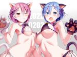  2022 2girls :o animal_ears animal_hands asymmetrical_docking bell bikini black_bikini blue_eyes blue_hair blush breast_press breasts breasts_apart cat_ears cat_tail cowboy_shot deep_skin eyebrows_visible_through_hair fang from_below fur_collar givuchoko gloves grin hair_between_eyes hair_ornament hair_over_one_eye jingle_bell large_breasts linea_alba looking_at_viewer medium_breasts micro_bikini multiple_girls navel neck_bell new_year one_eye_closed open_mouth paw_gloves pink_eyes pink_hair pink_ribbon ram_(re:zero) re:zero_kara_hajimeru_isekai_seikatsu rem_(re:zero) ribbon short_hair siblings side-tie_bikini simple_background sisters smile strap_gap swimsuit tail tareme tsurime twins white_bikini x_hair_ornament 