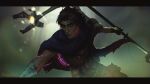  1boy arcane:_league_of_legends arcane_viktor artist_name bandaged_arm bandages bangs belt blurry blurry_background brown_belt brown_hair cape highres holding holding_staff league_of_legends letterboxed male_focus pink_eyes pouch prima_vera short_hair smile solo staff torn_cape torn_clothes veins viktor_(league_of_legends) 