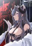  1girl absurdres august_von_parseval_(azur_lane) azur_lane bare_shoulders black_hair breasts curled_horns from_side fur_trim gloves gr09kuma hair_over_one_eye highres horns huge_breasts iron_blood_(emblem) long_hair looking_at_viewer mechanical_horns purple_eyes solo upper_body white_gloves wide_sleeves 