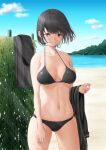  1girl beach bikini black_bikini black_hair blue_sky breasts clothes_removed cloud commentary_request cowboy_shot day english_commentary kasu_(kasunohikari) kayanuma_miyuki large_breasts light_rays looking_at_viewer mixed-language_commentary mountain ocean outdoors red_eyes short_hair sky solo station_memories sunbeam sunlight swimsuit 