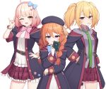  3girls ;d absurdres ahoge bangs banned_artist beret black_coat black_headwear blonde_hair blue_bow blue_eyes blush bow braid breasts brown_eyes brown_hair chieru_(princess_connect!) chloe_(princess_connect!) closed_mouth coat collared_shirt commentary_request cp00 dress eyebrows_visible_through_hair green_necktie grey_shirt hair_between_eyes hair_bow hair_ornament hair_over_shoulder hairband hand_in_pocket hand_on_hip hand_up hat highres holding hood hood_down hooded_coat long_hair long_sleeves looking_at_viewer mouth_hold multiple_girls necktie one_eye_closed open_clothes open_coat pink_bow pink_hair pink_hairband plaid plaid_skirt pleated_skirt pointy_ears princess_connect! purple_eyes red_skirt shirt skirt small_breasts smile star_(symbol) star_hair_ornament twin_braids twintails v white_dress white_shirt yuni_(princess_connect!) 