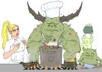  1girl 1other blonde_hair breasts cauldron chef_hat cooking creature fire flick-the-thief food hat holding horns isha knife long_hair monster nervous nurgle pointy_ears simple_background sweat trembling warhammer_40k white_background 