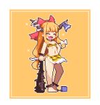  1girl barefoot blue_ribbon bow closed_eyes club_(weapon) commentary_request full_body hair_bow horn_ornament horn_ribbon horns ibuki_suika kumamoto_(bbtonhk2) long_hair lowres navel oni_horns open_mouth orange_hair pixel_art red_bow ribbon setsubun smile solo spiked_club touhou weapon 