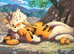  arcanine black_eyes bright_pupils closed_mouth cloud commentary_request day fangs fangs_out grass illustration_room_nagi lying mountain no_humans one_eye_closed outdoors pokemon pokemon_(creature) rock sky smile solo white_pupils 