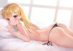  1girl ass bangs barbell_piercing bed bed_sheet black_panties blonde_hair blush closed_mouth colored_tips earrings eyebrows_visible_through_hair indoors jewelry kitagawa_marin long_hair looking_at_viewer lying multicolored_hair nikoo on_bed on_stomach panties piercing pillow red_eyes red_hair side-tie_panties smile solo sono_bisque_doll_wa_koi_wo_suru topless underwear 