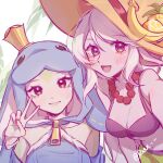  2girls :d absurdres animal_hood banana bangs bead_necklace beads blush breasts citron cleavage closed_mouth cowboy_shot crown food fruit hand_up hat highres hood hood_up jewelry large_breasts league_of_legends manatee multiple_girls nami_(league_of_legends) necklace order_of_the_banana_soraka outstretched_arm pineapple pink_eyes pointy_ears ruan_chen_yue smile soraka_(league_of_legends) stomach sun_hat urf_the_nami-tee v 