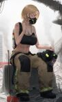  1girl absurdres artist_name axe bangs bare_shoulders black_footwear black_sports_bra blonde_hair boots breasts brown_pants building city cleavage collarbone dirty dirty_clothes dirty_face english_commentary fire_axe fire_helmet fire_truck firefighter full_body gas_mask ground_vehicle hair_behind_ear headwear_removed helmet helmet_removed highres holding holding_towel large_breasts looking_to_the_side mask midriff motor_vehicle navel no_jacket original outdoors oxygen_tank pants pigone roadblock rubble ruins short_hair sidelocks sitting skyscraper smoke solo sports_bra towel towel_around_neck yellow_eyes 