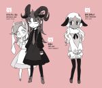  3girls animal_ears apron bloomers dark-skinned_female dark_skin diavolo dress enrico_pucci freckles frilled_dress frills genderswap genderswap_(mtf) goat_ears goat_horns horizontal_pupils horns jojo_no_kimyou_na_bouken kemonomimi_mode monochrome multiple_girls necktie puffy_sleeves sempon_(doppio_note) sheep_ears sheep_horns stone_ocean thighhighs underwear vento_aureo vinegar_doppio 