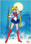  1990s_(style) 1girl arm_up back_bow bangs bishoujo_senshi_sailor_moon blue_eyes blue_sailor_collar blue_skirt boots border bow brooch choker city company_name crescent crescent_choker crescent_earrings double_bun double_w earrings elbow_gloves full_moon gloves hair_ornament highres jewelry knee_boots leotard logo long_hair looking_at_viewer magical_girl miniskirt moon night non-web_source official_art open_mouth outdoors pink_footwear pleated_skirt retro_artstyle sailor_collar sailor_moon scan skirt solo standing tiara tokyo_(city) tokyo_tower tsukino_usagi twintails very_long_hair w 