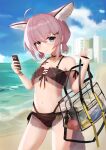  1girl ahoge animal_ear_fluff animal_ears arknights bag bangs bare_shoulders beach bikini black_bikini blue_eyes blue_sky blush brown_hair building cellphone closed_mouth cloud commentary_request day eyebrows_visible_through_hair fox_ears fox_girl fox_tail hair_between_eyes hair_ornament hairclip hands_up highres holding holding_phone izumi_roka ocean outdoors phone sand sky solo sussurro_(arknights) sussurro_(summer_flowers)_(arknights) swimsuit tail transparent water x_hair_ornament 