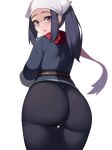  1girl akari_(pokemon) ass ass_focus black_hair blush galaxy_expedition_team_survey_corps_uniform grey_eyes head_scarf highres huge_ass jacket kuavera long_hair looking_at_viewer looking_back open_mouth pokemon pokemon_(game) pokemon_legends:_arceus ponytail red_scarf sash scarf sidelocks solo white_headwear wide_hips 