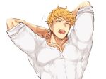  1boy arms_behind_head bangs bara blonde_hair granblue_fantasy green_eyes large_pectorals male_focus muscular muscular_male one_eye_closed open_mouth pectorals sat_0804 shirt short_hair simple_background sleeves_rolled_up solo undercut upper_body vane_(granblue_fantasy) white_shirt 