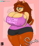  anthro big_breasts breasts brown_body brown_fur canid canine canis cleavage clothed clothing domestic_dog eyewear female fur glasses hi_res huge_breasts mammal nipple_outline rarehare shirt solo superia thick_thighs topwear 