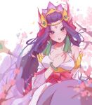  1girl bangs blush bow bracelet breasts cherry_blossoms facial_mark fins flower forehead_mark hair_ornament hand_up heart highres jewelry large_breasts league_of_legends long_hair nami_(league_of_legends) open_mouth purple_hair red_bow ruan_chen_yue signature splendid_staff_nami teeth upper_teeth white_background 