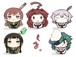  5girls ahoge aqua_sailor_collar bangs black_hair black_neckerchief blunt_bangs blush_stickers braid brown_eyes brown_hair chibi closed_eyes eyepatch fish fubuki_(kancolle) fujinozu green_hair green_sailor_collar green_serafuku hair_ribbon hat huge_ahoge kantai_collection kiso_(kancolle) kitakami_(kancolle) kuma_(kancolle) long_hair looking_at_viewer multiple_girls neckerchief ooi_(kancolle) open_mouth pink_hair red_neckerchief ribbon round_teeth sailor_collar sailor_hat school_uniform serafuku short_hair sidelocks simple_background single_braid tama_(kancolle) teeth torpedo tress_ribbon upper_body upper_teeth watering_can white_background white_headwear 