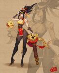  1girl adjusting_eyewear alternate_hairstyle artist_logo bare_shoulders black_hair black_legwear breasts bridal_gauntlets china_dress chinese_clothes citemer cleavage closed_mouth crossbow dress english_commentary eyebrows firecracker_vayne full_body gold_trim hair_ornament hair_ribbon high_heels highres league_of_legends legs_apart looking_at_viewer medium_breasts official_alternate_costume pantyhose pig red_lips ribbon shadow sidelocks solo standing thighhighs thighs tied_hair vayne_(league_of_legends) wide_hips 