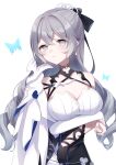  1girl absurdres arms_under_breasts bangs bare_shoulders black_gloves blue_butterfly bow breasts bronya_zaychik bronya_zaychik_(silverwing:_n-ex) bug butterfly cleavage closed_mouth dress drill_hair earrings gloves grey_eyes grey_hair hair_bow highres honkai_(series) honkai_impact_3rd jewelry long_hair looking_at_viewer simple_background single_glove single_sleeve sleeveless sleeveless_dress solo twin_drills white_background white_dress white_sleeves yukki_0125 