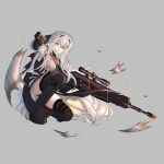  1girl bangs black_footwear black_gloves black_legwear blood blood_on_face boots breasts cloak eyebrows_visible_through_hair full_body girls&#039;_frontline gloves gun hair_ornament hairclip handgun highres holding holding_gun holding_weapon iws_2000_(girls&#039;_frontline) long_hair medium_breasts mod3_(girls&#039;_frontline) open_mouth orange_eyes pistol silver_hair simple_background sitting skirt solo steyr_iws_2000 teeth thighhighs uniform unitaka weapon white_cloak white_skirt white_uniform 