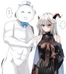  1girl abs aegir_(azur_lane) azur_lane black_cape black_skirt bodystocking breast_curtains breasts cape covered_navel cross cross_earrings demon_horns earrings hair_between_eyes hair_on_horn heart_hands_failure highres horns inui_kentarou jewelry long_hair looking_at_viewer medium_breasts meowfficer_(azur_lane) miniskirt multicolored_hair red_hair simple_background skirt standing streaked_hair underbust v white_background white_hair yellow_eyes 