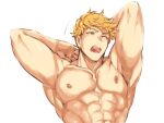  1boy abs arms_behind_head bangs bara blonde_hair granblue_fantasy green_eyes large_pectorals male_focus muscular muscular_male navel nipples one_eye_closed open_mouth pectorals sat_0804 short_hair simple_background sleeves_rolled_up solo topless_male undercut upper_body vane_(granblue_fantasy) 