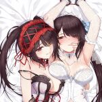  2girls :q bangs black_choker breast_press breasts brown_hair choker cirnos cleavage clock_eyes closed_mouth collarbone cuffs date_a_live elbow_gloves finger_in_another&#039;s_mouth frilled_gloves frills from_above gloves hair_between_eyes hairband handcuffs heterochromia large_breasts lolita_hairband long_hair lying multiple_girls neck_ribbon on_back red_eyes red_ribbon ribbon see-through shiny shiny_hair shiny_skin strap_slip symbol-shaped_pupils tokisaki_kurumi tongue tongue_out twintails very_long_hair yellow_eyes yuri 