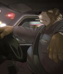 2022 anthro belly bottomwear brown_body brown_fur canid canine car clothing detailed_background driving fur hi_res humanoid_hands inside_car kemono kotori male mammal mature_male overweight overweight_male pants raccoon_dog shirt smoking solo tanuki topwear vehicle 