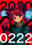  1girl :3 absurdres black_bow blue_fire bow cat_day cat_tail dark_background date_pun dated dress extra_ears fire flaming_skull floating_skull ghost green_dress highres hitodama kaenbyou_rin multiple_tails neruzou number_pun puffy_sleeves red_background red_eyes red_hair skull solo tail touhou two_tails 