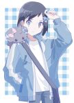  1boy absurdres asagiri_kogen bag bangs black_hair calem_(pokemon) closed_mouth collarbone commentary_request cowboy_shot espurr grey_eyes grey_jacket grey_pants hair_ornament hairclip hand_in_pocket hand_up highres jacket looking_at_viewer male_focus on_shoulder open_clothes open_jacket pants pokemon pokemon_(creature) pokemon_(game) pokemon_on_shoulder pokemon_xy shirt short_hair shoulder_bag white_shirt 