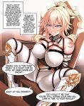  1girl absurdres angry bdsm bondage bound cameltoe clenched_teeth covered_nipples crotch_rope edenmaniac genshin_impact highres jean_(genshin_impact) restrained solo_focus speech_bubble teeth 