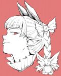  1girl animal_ears bow braid cat_ears cropped_shoulders extra_ears frills highres iroiro_yaru_hito kaenbyou_rin looking_down monochrome pen_(medium) pointy_ears portrait profile red_background red_eyes slit_pupils smile smug solo touhou twin_braids 