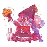  1girl balloon bangs black_skirt braid brown_eyes character_name clown clown_nose colored_skin confetti dress eyebrows_visible_through_hair frilled_dress frills halloween hat heart highres holding holding_staff league_of_legends long_hair looking_at_viewer lulu_(league_of_legends) multicolored_hair pink_hair pink_skin purple_hair purple_headwear red_dress ruan_chen_yue signature simple_background sitting skirt solo staff tongue tongue_out twin_braids two-tone_hair very_long_hair white_background 