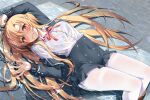  1girl arm_up asuna_(sao) bangs bdsm black_jacket black_skirt blonde_hair blue_bra blush bondage bound bra braid breasts chain chained chained_wrists clothes_lift commentary_request cuffs devil_heavens eyebrows_visible_through_hair highres jacket large_breasts long_hair looking_at_viewer lying lying_on_water on_back on_floor open_clothes open_jacket pantyhose partially_submerged prisoner red_ribbon ribbon ryona school_uniform see-through see-through_shirt shackles shirt skirt solo sword_art_online underwater underwear uniform very_long_hair water wet wet_clothes white_legwear white_shirt worried yellow_eyes 