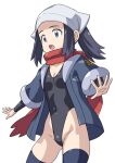  1girl akari_(pokemon) arm_warmers bandana black_hair black_legwear black_leotard commentary_request cowboy_shot grey_jacket hai_(h81908190) head_scarf highleg highleg_leotard jacket leotard long_hair pokemon red_scarf scarf solo thighhighs white_background white_headwear 