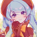  1girl absurdres apple bangs blush bow bowtie brown_gloves closed_mouth eyebrows_visible_through_hair food fruit gloves grey_background hands_up highres holding holding_food holding_fruit league_of_legends long_hair looking_at_viewer orange_bow orange_bowtie portrait red_apple red_headwear ruan_chen_yue signature silent_night_sona smile solo sona_(league_of_legends) yellow_background 